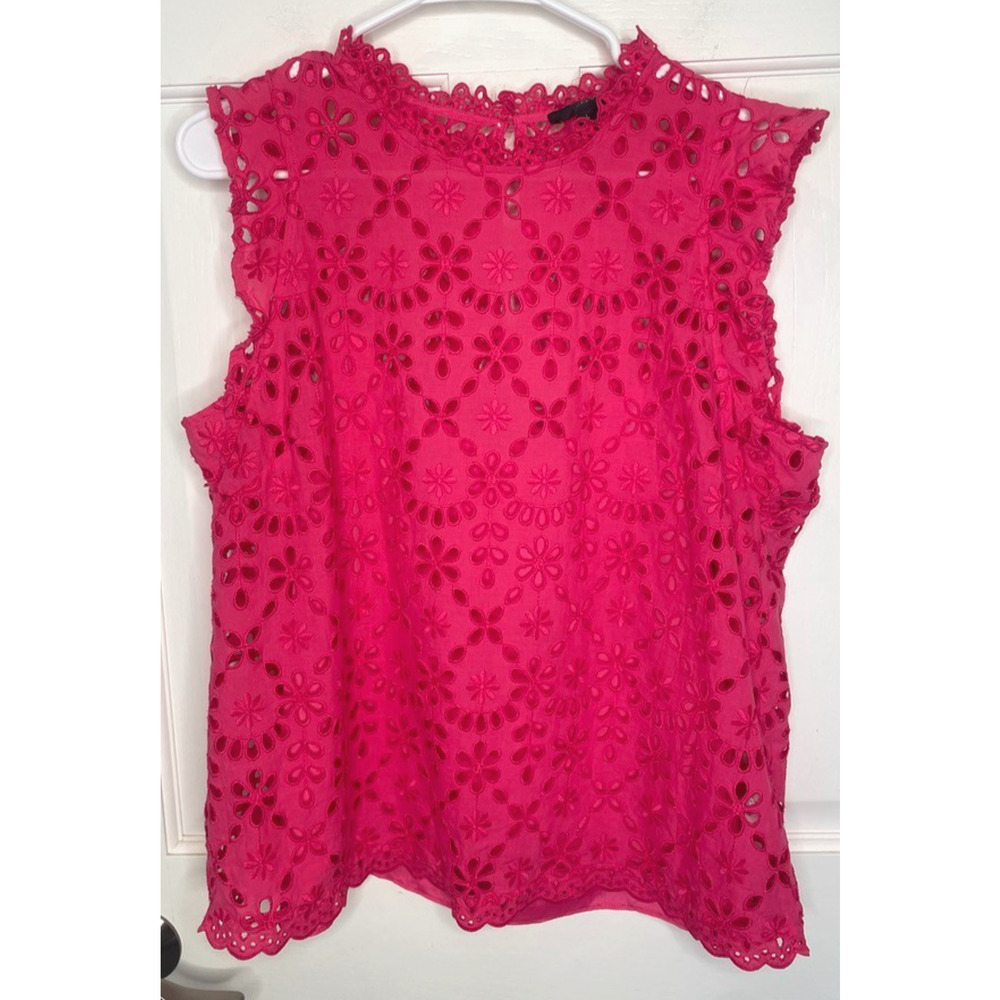 J.Crew Women's Embroidered Eyelet Flutter Slv Top Sz L Hot Pink Ruffle Coastal